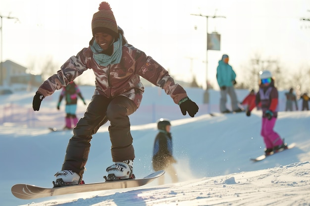 Free photo woman enjoying snowboarding in vivid mountain setting