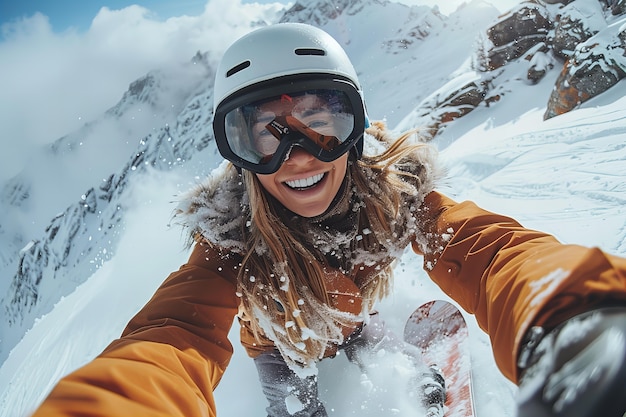 Free Photo woman enjoying snowboarding in vivid mountain setting