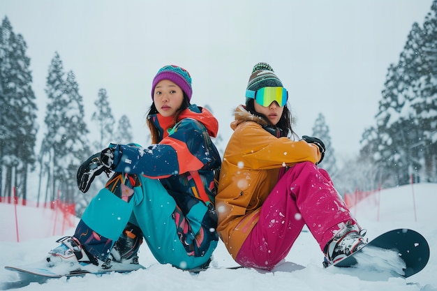 Woman enjoying snowboarding in vivid mountain setting