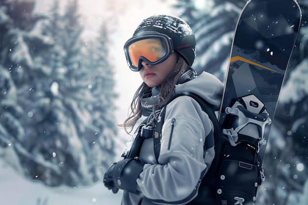 Free photo woman enjoying snowboarding in vivid mountain setting