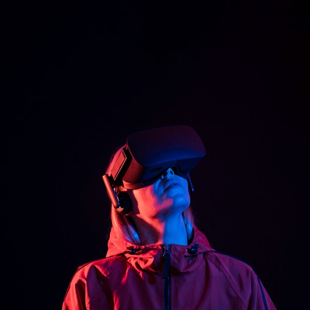 Woman experiencing virtual reality close-up