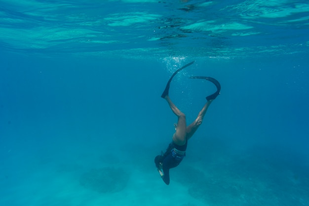 Free photo woman freediving with flippers underwater