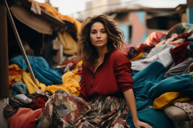 Free photo woman in front of fast fashion merchandise pile