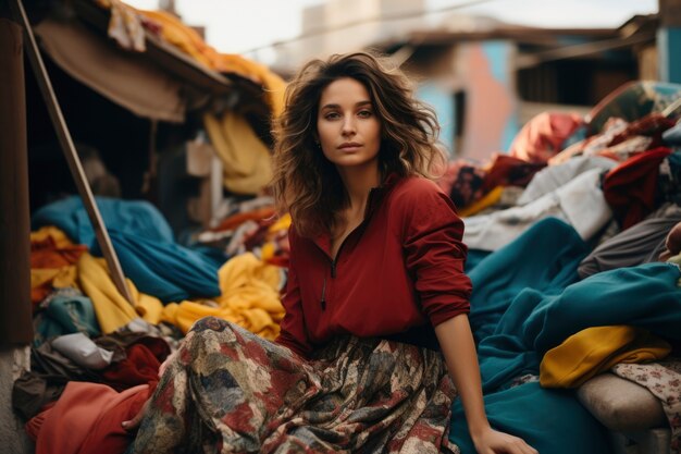 Woman in front of fast fashion merchandise pile