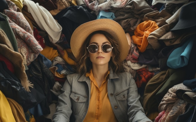 Woman in front of fast fashion merchandise pile