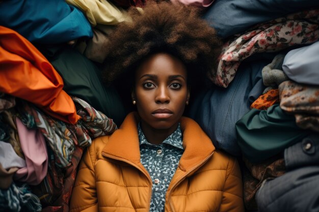 Woman in front of fast fashion merchandise pile