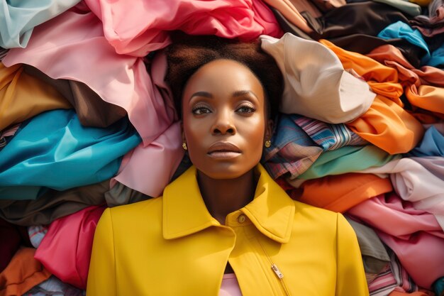 Woman in front of fast fashion merchandise pile