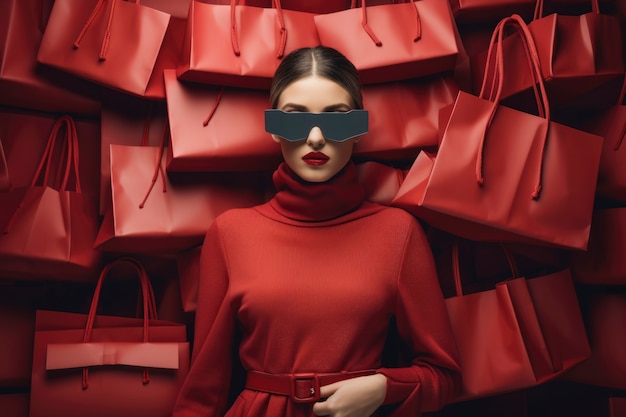 Woman in front of fast fashion merchandise pile