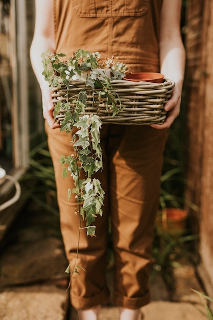 Free photo woman gardener holding a basket of plant