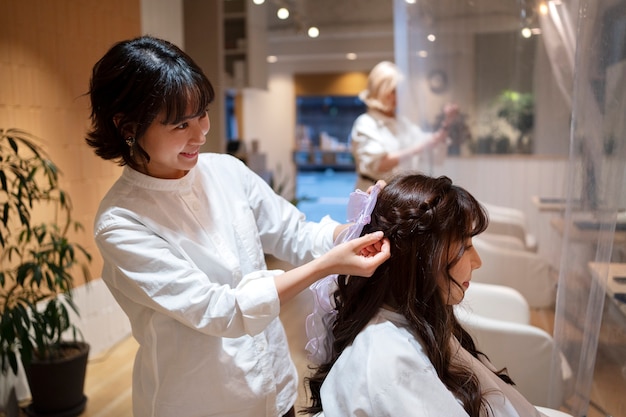 Woman getting her hair done at a japanese hairdressers