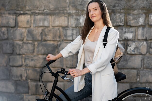 Woman going to work on bicycle