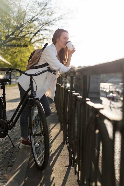 Woman going to work on bicycle