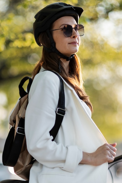 Woman going to work on bicycle