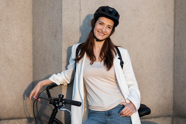 Woman going to work on bicycle