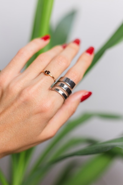 Free Photo woman hand with red manicure and two rings on fingers, on beautiful green palm leaf tropical. gray wall behind.