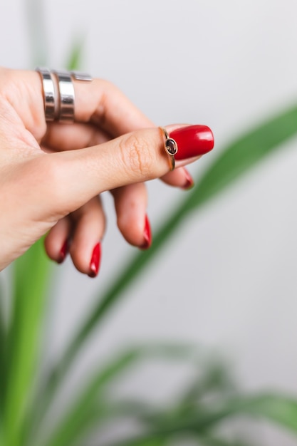 Free photo woman hand with red manicure and two rings on fingers, on beautiful green palm leaf tropical. gray wall behind.