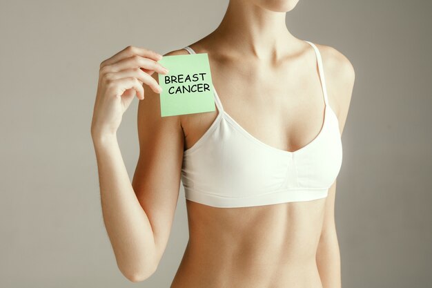 Woman health. Female model holding card with words BREAST CANCER. Young adult girl with paper for sign or symbol isolated on gray studio background. Medical problem and solution.