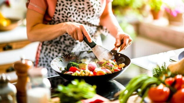 A woman in her kitchen surrounded by fresh ingredients expertly flips vegetables in a wok for a delicious stir fry