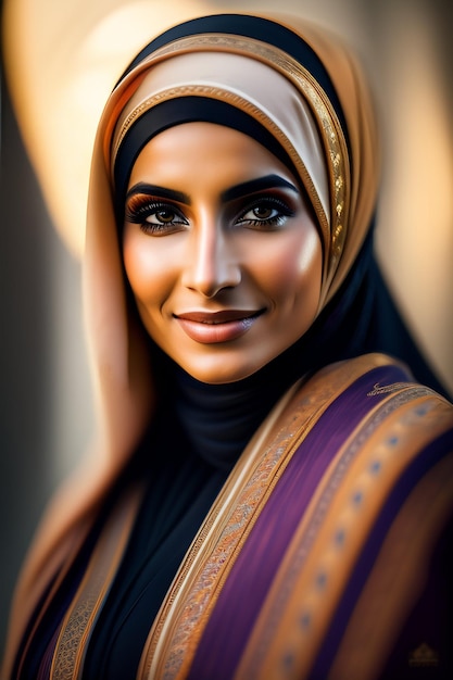 Free photo a woman in a hijab and a purple and gold scarf