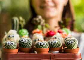 Free photo woman holding box with small cacti with eyes