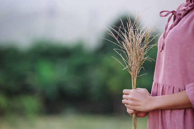 Woman holding flowers in the meadow.