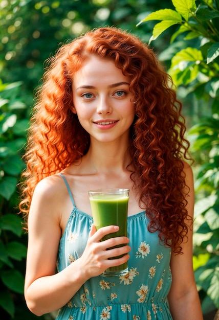 Woman holding a glass of green juice