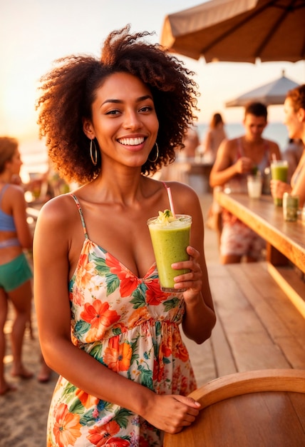 Woman holding green smoothie