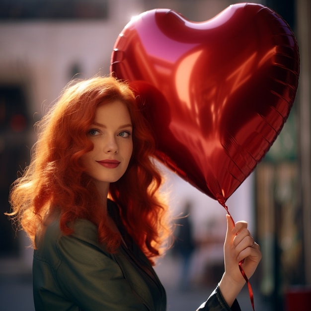 Free photo woman holding  heart shaped balloon