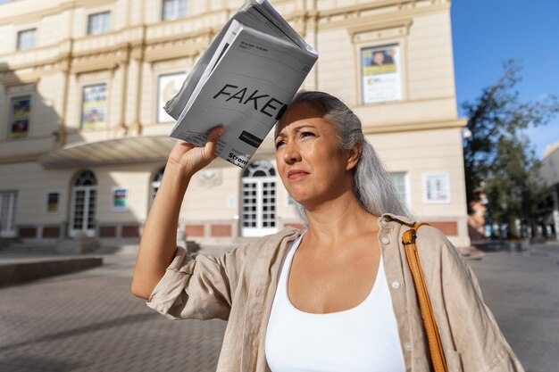 Woman holding newspaper medium shot