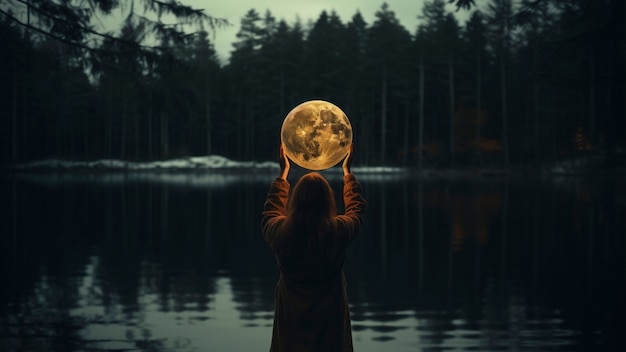 Free photo woman holding photorealistic moon