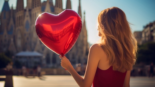 Woman holding red heart balloon