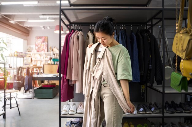 Woman holding trench coat side view