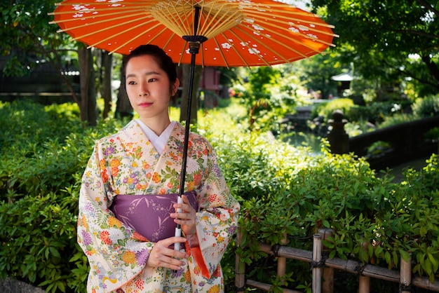 Woman holding wagasa umbrella medium shot