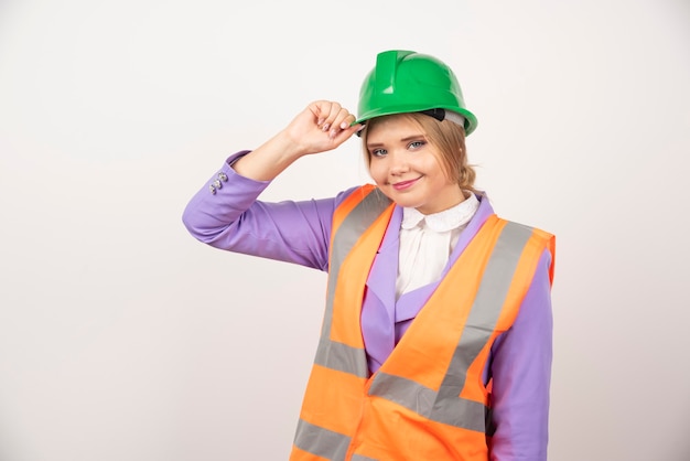 woman industrial employee standing on white.