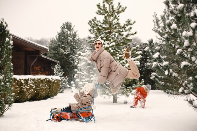 Woman and little girl in a park with a sled