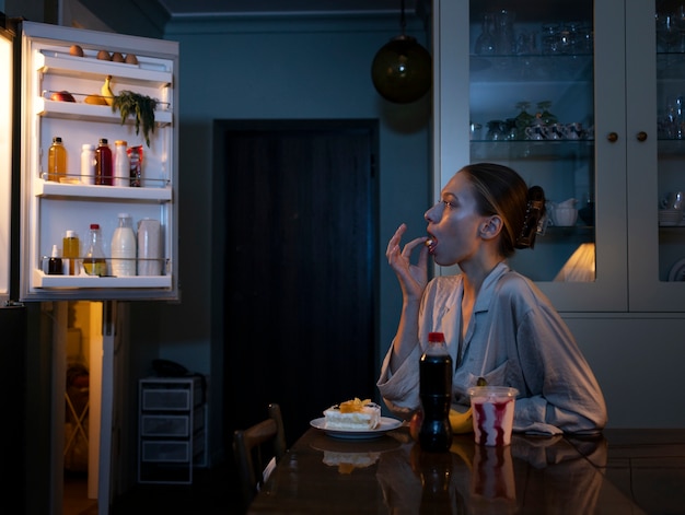 Woman looking in the fridge medium shot