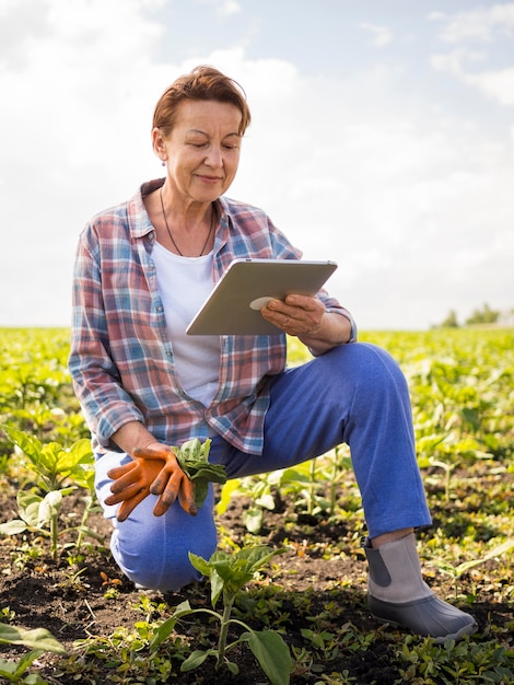 Free photo woman looking at her tablet while holding some carrots