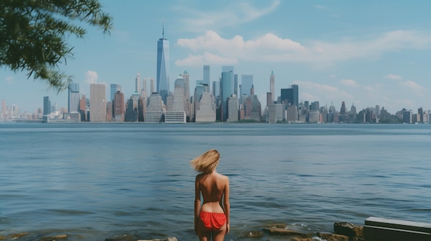 Free photo woman looking over new york skyline during the day