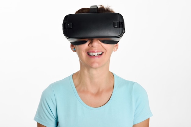 Free Photo woman looking in vr glasses and gesturing with his hands.