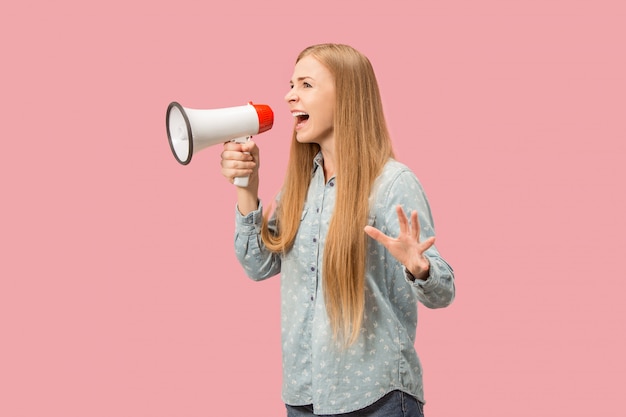 Free photo woman making announcement with megaphone