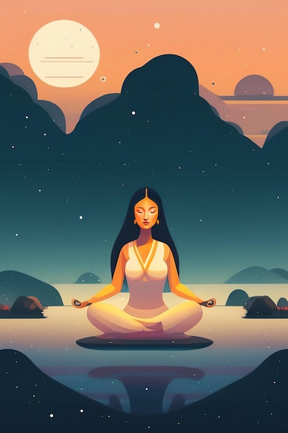 Free Photo a woman meditating in front of a moonlit landscape