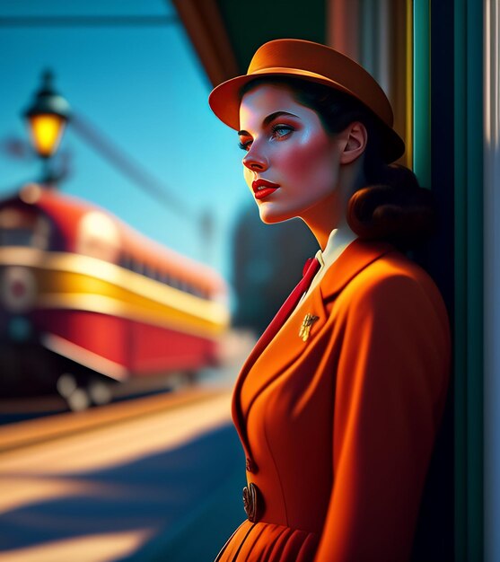 A woman in an orange suit and hat stands next to a train.