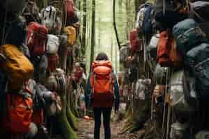 Free photo woman passing trough piles of bags