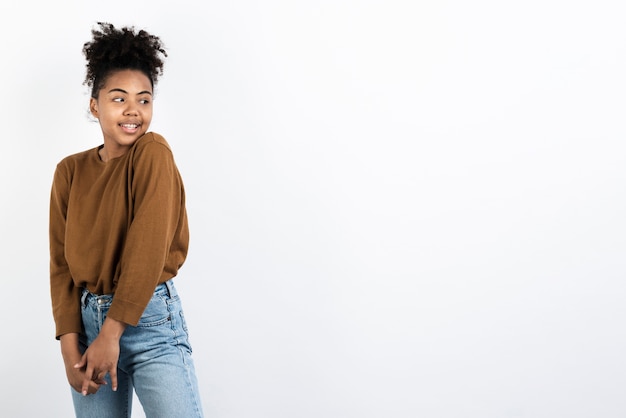 Woman posing in casual clothing