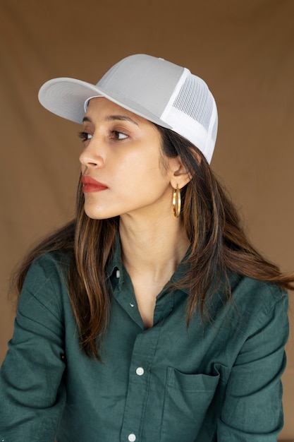 Free Photo woman posing with trucker hat medium shot