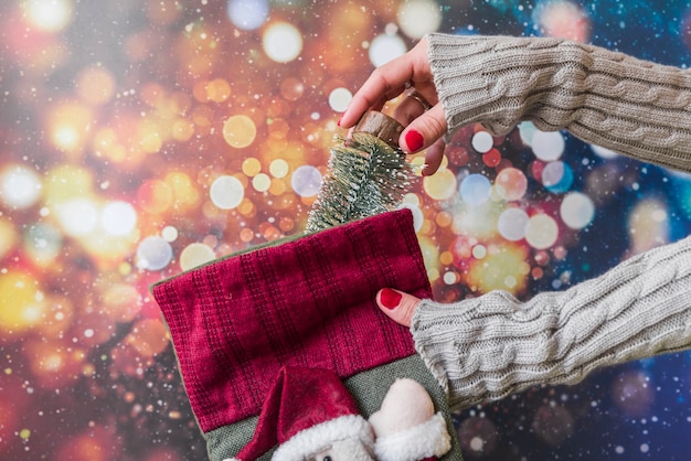 Free photo woman putting small fir tree in christmas sock