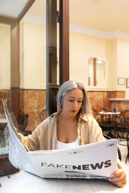 Woman reading the newspaper front view