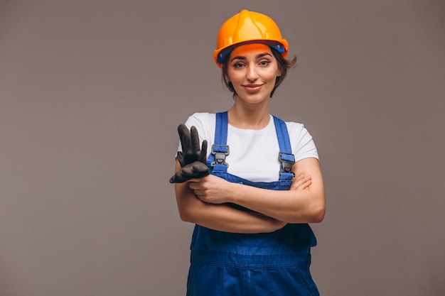 Woman repairer with painting roller isolated