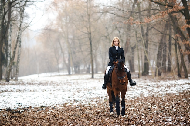 Free photo woman riding horse in woods