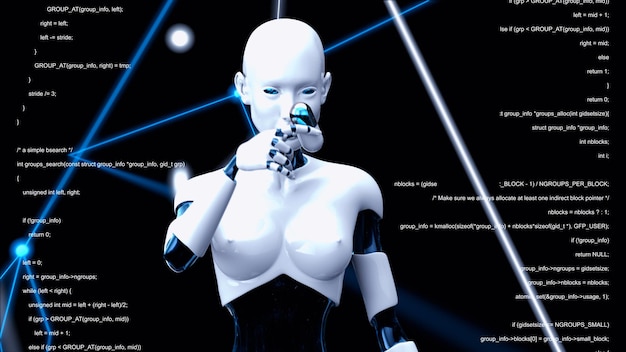 Free photo woman robot holding a biotech pill